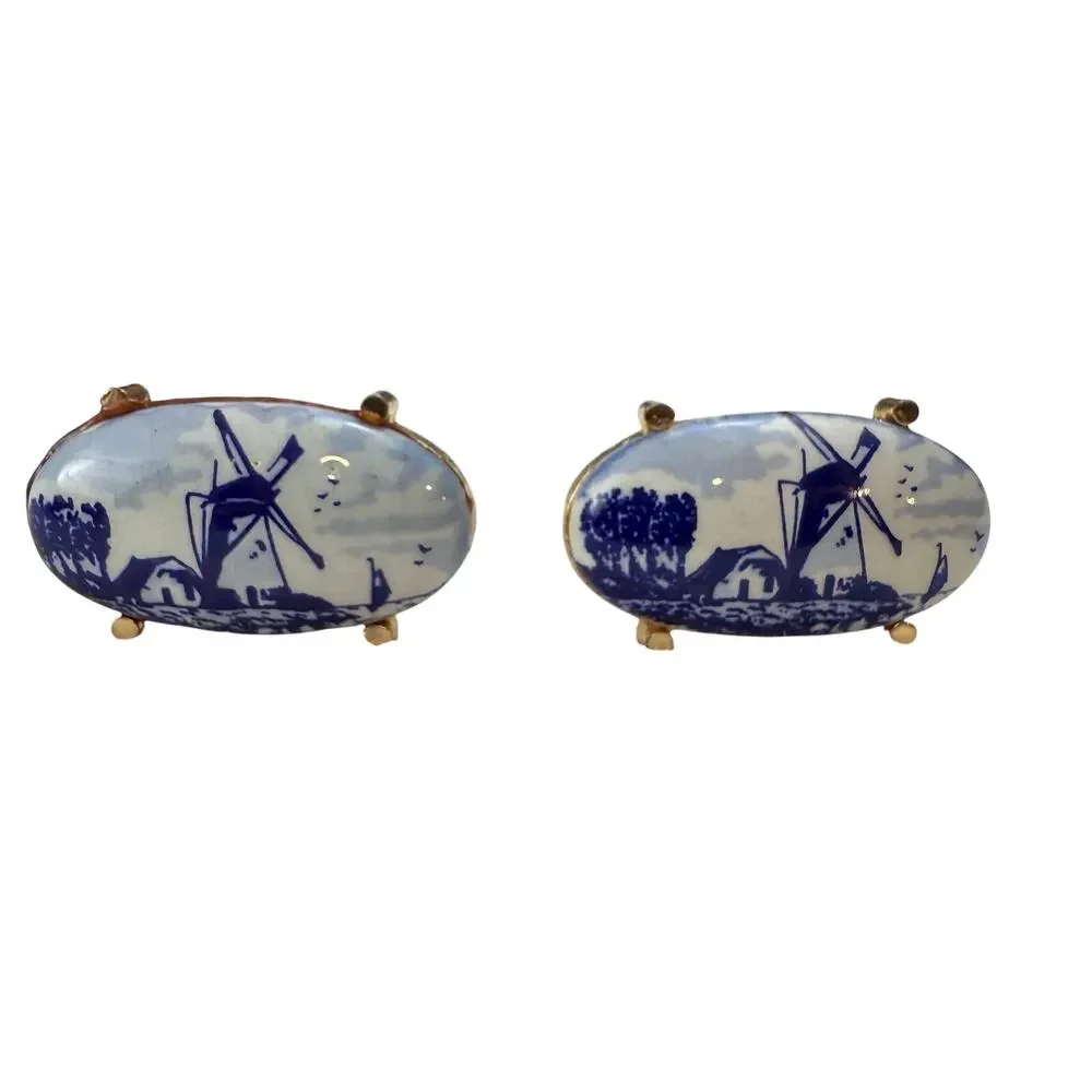 Anson Vintage Dutch Delft Blue White Windmill Cuff Links Gold Tone Back